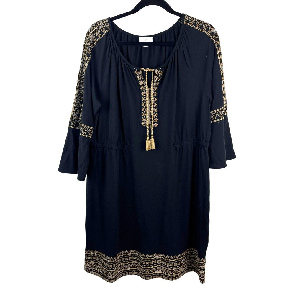 J.Jill Boho Tunic Dress L — Tassel Tie, Flutter Sleeve, Coastal Boho